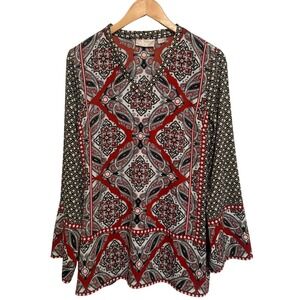 Belle Boho Kim Gravel Top Womens Size M Paisley V-Neck Long Sleeve Blouse